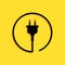 Black Electric plug icon isolated on yellow background. Concept of connection and disconnection of the electricity. Long