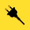 Black Electric plug icon isolated on yellow background. Concept of connection and disconnection of the electricity. Long