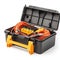 Black electrician\\\'s tool box with orange cables and black tools on a white background