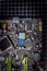 Black electronic circuit mother board looking down