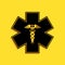 Black Emergency star - medical symbol Caduceus snake with stick icon isolated on yellow background. Star of Life. Long