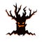 Black evil tree with scary smiling face, fire inside and bare branches. Halloween character in flat style