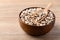 Black eye peas or cowpeas in bowl and spoon on wooden background