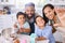 Black family, cooking and home kitchen of a mom selfie, father and children with a happy smile. Portrait and real moment