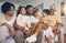 Black family laughing, portrait and living room sofa of a mother, father and children with grandparent. Happy, smile and