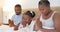 Black family, parents and children praying in bed for religion, worship God and faith at night. Spiritual, Christian and