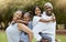 Black family, piggyback or bonding in nature park, sustainability garden or grass environment in trust or love security