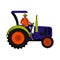 Black farm worker-tractor driver in a hat, orange shirt and blue jeans on the tractor