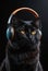 A black Felidae wearing headphones on a dark background