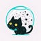 Black Feline cat with cyan bowl, and water droplets
