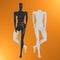 A black female mannequin with a white leg and a white headless mannequin stand against an orange background. Front view