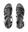 Black female sandals on white background isolated close up top view, stylish woman sandal shoes with straps, pair leather sandals