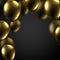 Black festive background with gold shiny balloons. Holiday decor