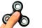 Black fidget spinner toy held between thumb and index finger of adult male person, white background