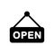 black filled open sign vector icon, visitor welcoming shop board, vector tag we are open with negative space
