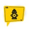 Black Fire hydrant icon isolated on white background. Yellow speech bubble symbol. Vector Illustration
