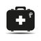 Black first aid kit isolated on white background. Health, help and medical diagnostics concept. Flat design.