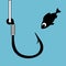 Black fish hook with fishing line on blue. Funny cartoon fish looking at hook. Concept of curiosity. Close danger. Vector