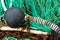 Black fishing net ball in close up, fishing equipment