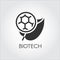 Black flat icon of leaf and molecule symbolizing modern biotech. Simplicity label of biotechnology concept. Vector logo