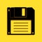 Black Floppy disk for computer data storage icon isolated on yellow background. Diskette sign. Long shadow style. Vector