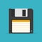 Black Floppy Disk icon in flat style isolated on blue background. HD diskette old data media.