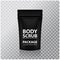 Black Foil Body Scrub Pack Pouch Sachet Bag Packaging with Zipper. Vector Mock up temlate