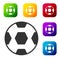 Black Football ball icon isolated on white background. Soccer ball. Sport equipment. Set icons in color square buttons