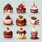 Black Forest Cakes, combines rich chocolate cake layers, fresh cherries, cherry liqueur, simple whipped cream frosting, cake icons
