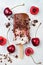 Black Forest chocolate fudge popsicles with roasted cherries and coconut cream. Vegan creamy ice pops, nicecream, fudgesicles.