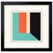 a black framed art print with an orange green and black square
