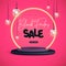 Black friday big sale poster with 3D black plastic podium, neon arch and electric lamps on pink background.