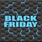 Black Friday blue text promotion banner, creative many hexagons with glowing cracks, dark background special offer flyer