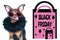 Black friday concept, photo and illustration, stylish dog with glasses licked, next to the packages and the inscription