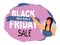 Black friday concept. Sale banner with beautiful woman extended her hand and points to something