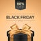 Black Friday discount card vector design with luxury style black gift box wrapped with golden ribbon