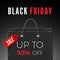 Black Friday Discount Offer. Black Bag with Red Tag Sale. Holiday Promotional Price Shopping. Vector illustration