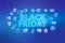 Black friday  - ecommerce web banner on blue background. Various shopping icons