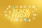 Black friday  - ecommerce web banner on golden background. Various shopping icons