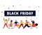 Black friday, mega sale banner, scene with a crowd, women and men running with shopping bags. Sale concept design