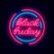 Black friday neon lettering in circle frame. Luminous label. Template for sale. Shiny logo. Isolated vector illustration