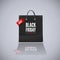 Black Friday Offer. Bag with red tag Sale and text with discount. Illustration with reflection for for banner. Vector
