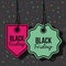 Black friday promotional labelsmagenta and green pendant of threads in black background with confetti colorful