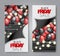 Black Friday Sale banner set. Shiny balloons over wooden wall and glowing lights garland under peeling off wrapping paper.