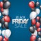Black Friday sale banner. Special offer discount. Blue background and white, red, and black balloons
