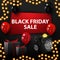 Black friday sale, black discount banner with hole in the wall, balloons, gifts, piggy Bank and garland
