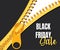 Black friday sale with gold zipper. Yellow advertising icon to promote retail business, attract customers. Sale of various goods