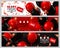 Black Friday Sale Horizontal Banners Set. Flying Glossy Balloons on White,Black and Red Background. Falling Confetti and