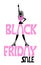 Black friday sale logo and customer woman with forefinger pointing silhouette