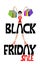 Black friday sale logo with hands up happy woman and shopping ba